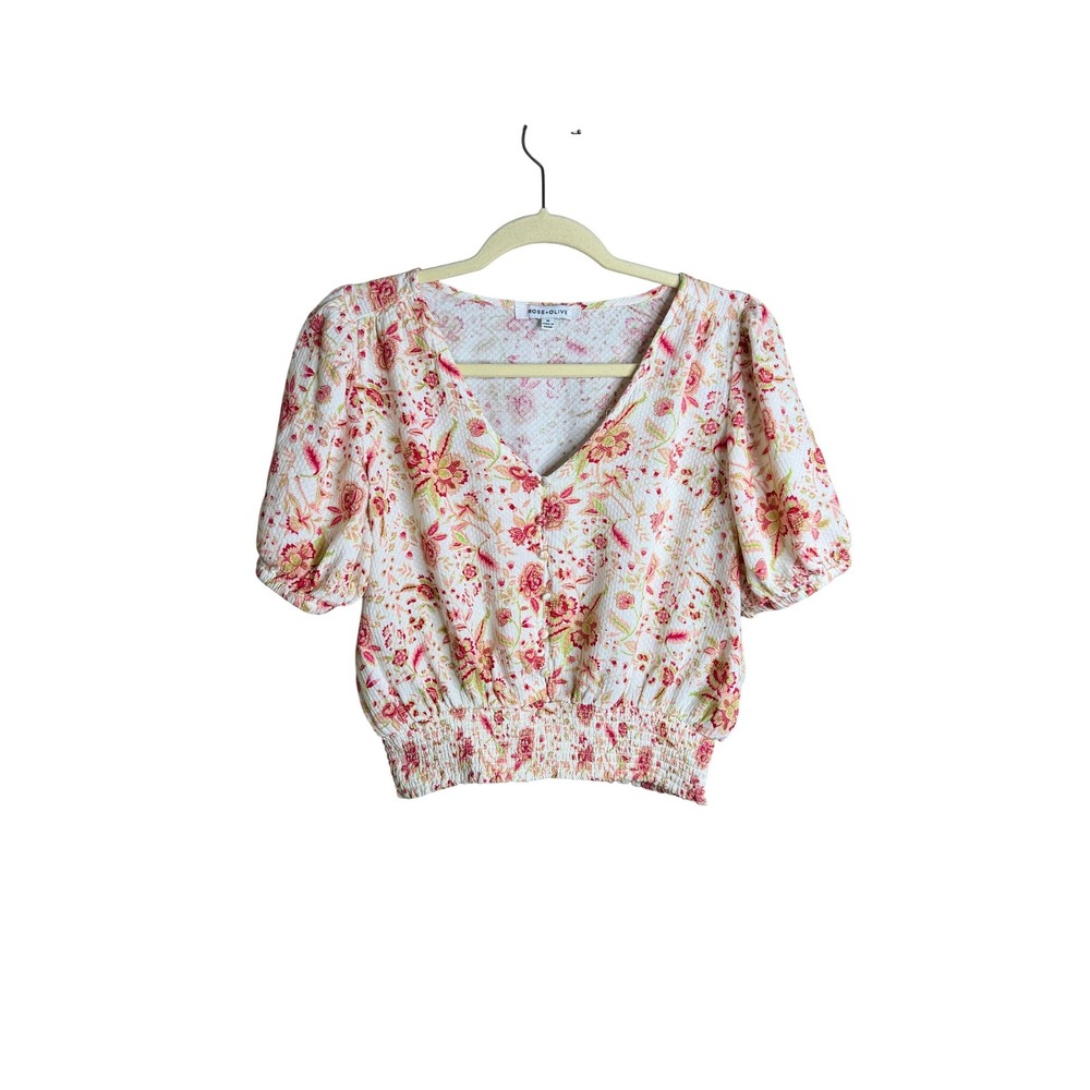 Rose + Olive Floral Crop Top Pink Yellow Smocked V-Neck Puff Sleeve Blouse M - Picture 2 of 6